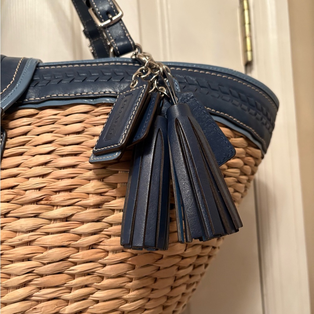 Woven Straw Tote with Navy Leather Trim - Picture 3 of 11
